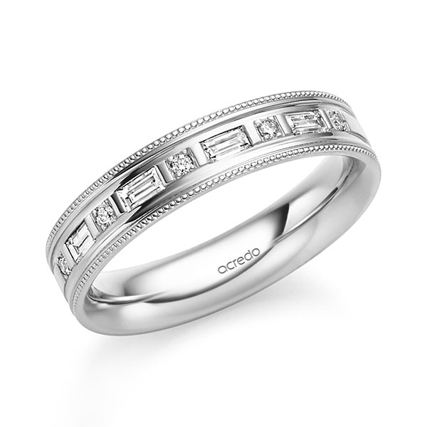 Klassieke trouwring in witgoud 14 kt. met in totaal 0,25 ct. Baguette-Diamant & Briljant tw,vs van acredo
