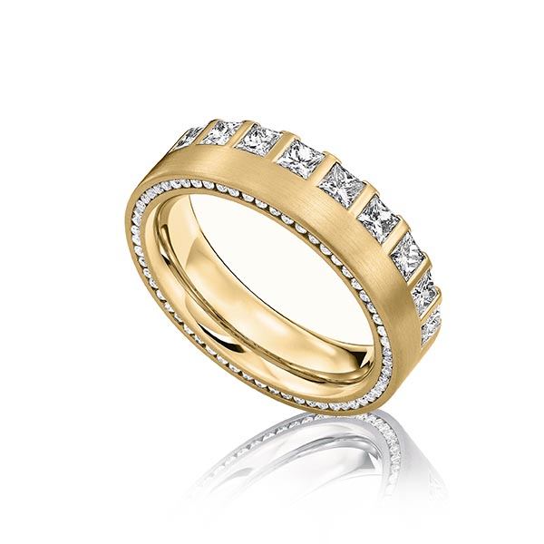 klassischer Memoire-Trauring/Ehering in Gelbgold 585 vollausgefasst mit zus. 1,285 ct. Prinzess-Diamant & Brillant tw, vs von acredo