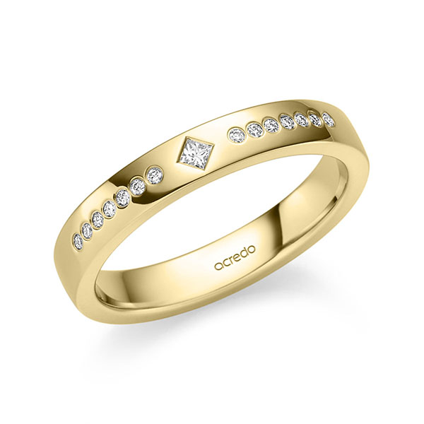 klassischer Trauring/Ehering in Gelbgold 375 mit zus. 0,1 ct. Prinzess-Diamant & Brillant tw, vs von acredo - S-1363-4