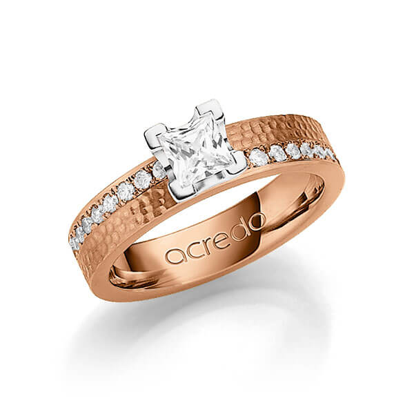 klassischer Trauring/Ehering in Rotgold 585 gehämmert Struktur mit 0,5 ct. + zus. 0,54 ct. Brillant & Prinzess-Diamant tw, si tw, vs von acredo