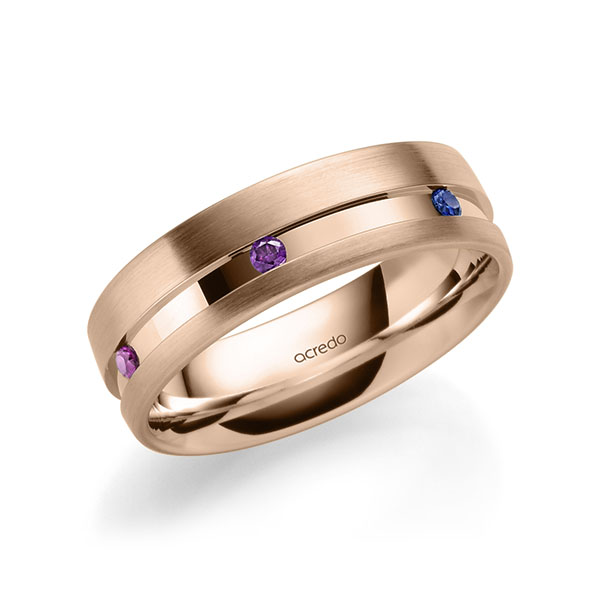 klassischer Trauring/Ehering in Rotgold 585 mit zus. 0,24 ct. Brillant Apple Green Saphir Orange (A 12) Saphir Blau (A 10) Saphir Gelb (A 8) Rubin rot von acredo