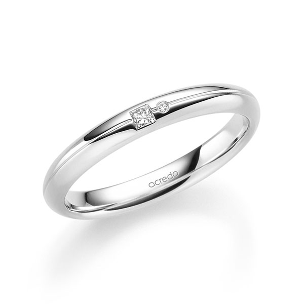 klassischer Trauring/Ehering in Weißgold 750 mit zus. 0,035 ct. Prinzess-Diamant & Brillant tw, vs tw, si von acredo - A-2341-12