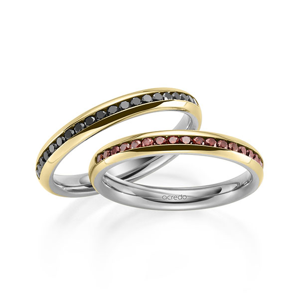 Paar bicolor Memoire-Trauringe/Eheringe in aussen Gelbgold 585 , innen Graugold 585 halbausgefasst mit zus. 0,63 ct. Brillant Red Cherry schwarz von acredo - A-2176-3
