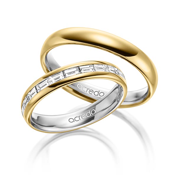 Paar bicolor Memoire-Trauringe/Eheringe in außen Gelbgold 585 , innen Graugold 585 halbausgefasst mit zus. 0,8 ct. Baguette-Diamant tw, vs von acredo - A-1530-2 Paar bicolor Memoire-Trauringe/Eheringe in außen Gelbgold 585 , innen Graugold 585 halbausgefasst mit zus. 0,8 ct. Baguette-Diamant tw, vs von acredo - A-1530-2