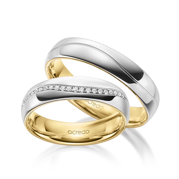 Paar bicolor Memoire-Trauringe/Eheringe in außen Graugold 585 , innen Gelbgold 585 halbausgefasst mit zus. 0,135 ct. Brillant tw, si von acredo - A-1700-1