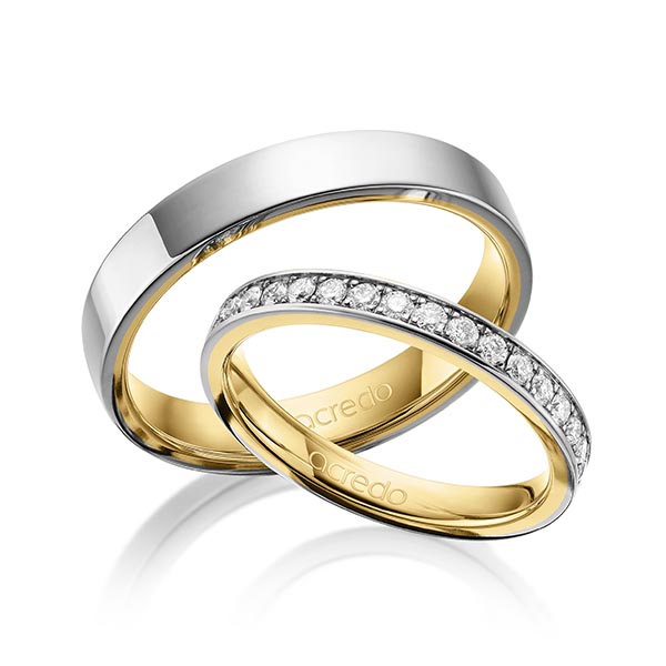 Paar bicolor Memoire-Trauringe/Eheringe in außen Graugold 585 , innen Gelbgold 585 halbausgefasst mit zus. 0,36 ct. Brillant tw, si von acredo