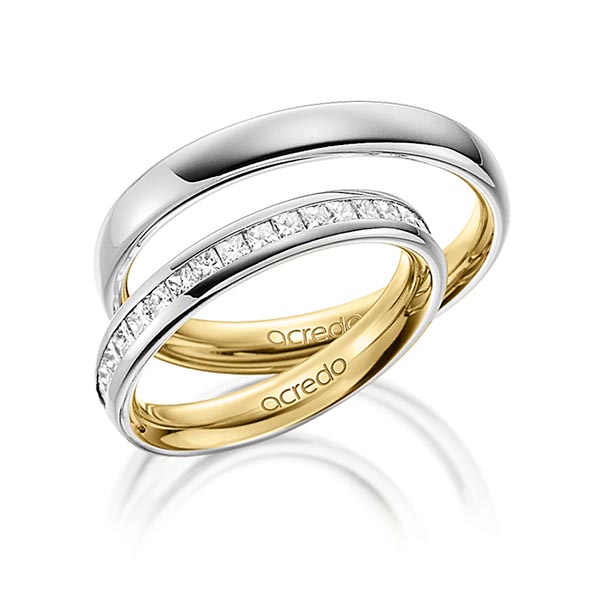 Paar bicolor Memoire-Trauringe/Eheringe in außen Graugold 585 , innen Gelbgold 585 halbausgefasst mit zus. 0,54 ct. Prinzess-Diamant tw, si von acredo