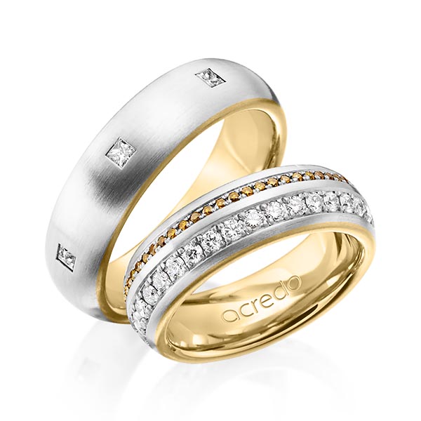 Paar bicolor Memoire-Trauringe/Eheringe in außen Graugold 585 , innen Gelbgold 585 vollausgefasst mit zus. 1,52 ct. Brillant & Prinzess-Diamant r, if cognac von acredo