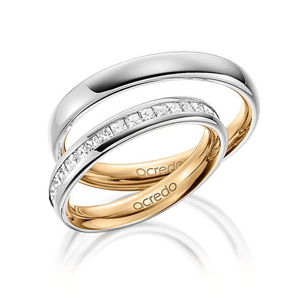 Paar bicolor Memoire-Trauringe/Eheringe in außen Graugold 585 , innen Roségold 585 halbausgefasst mit zus. 0,54 ct. Prinzess-Diamant tw, si von acredo