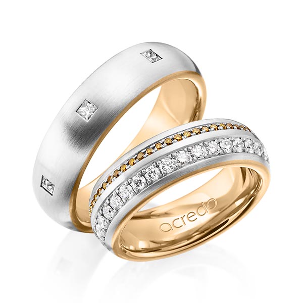 Paar bicolor Memoire-Trauringe/Eheringe in außen Graugold 585 , innen Roségold 585 vollausgefasst mit zus. 1,52 ct. Brillant & Prinzess-Diamant r, if cognac von acredo