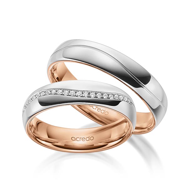 Paar bicolor Memoire-Trauringe/Eheringe in außen Graugold 585 , innen Rotgold 585 halbausgefasst mit zus. 0,135 ct. Brillant tw, si von acredo - A-1700-3