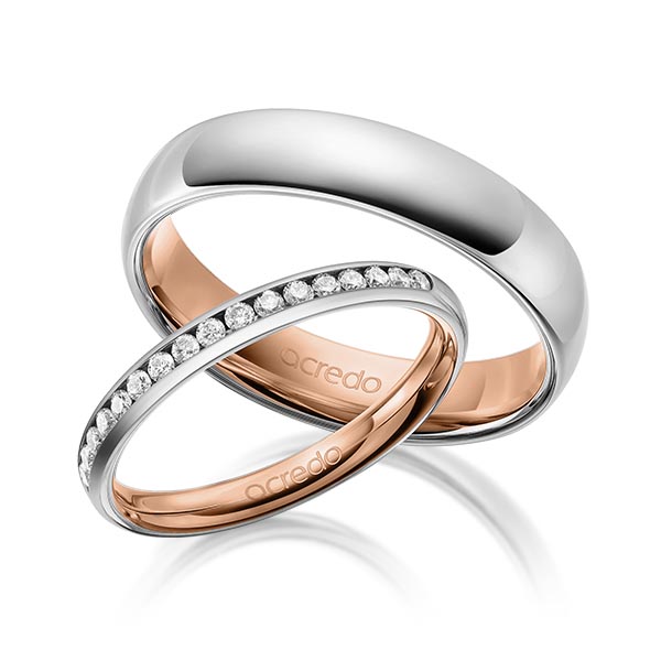 Paar bicolor Memoire-Trauringe/Eheringe in außen Graugold 585 , innen Rotgold 585 halbausgefasst mit zus. 0,3 ct. Brillant tw, si von acredo