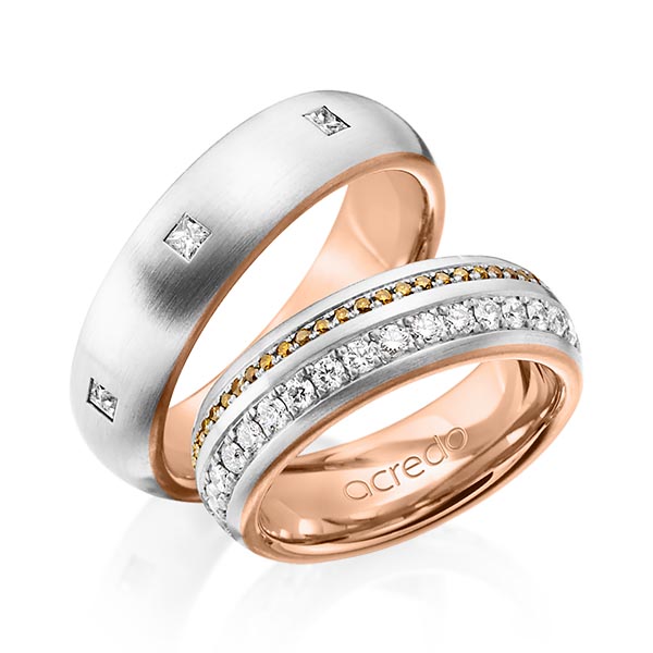 Paar bicolor Memoire-Trauringe/Eheringe in außen Graugold 585 , innen Rotgold 585 vollausgefasst mit zus. 1,52 ct. Brillant & Prinzess-Diamant r, if cognac von acredo