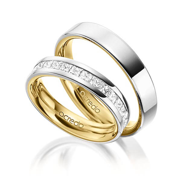 Paar bicolor Memoire-Trauringe/Eheringe in außen Platin 950 , innen Gelbgold 750 halbausgefasst mit zus. 0,98 ct. Prinzess-Diamant tw, si von acredo
