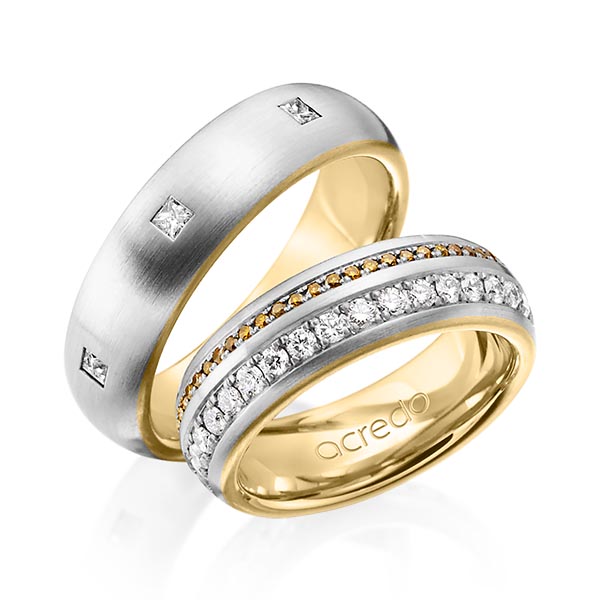 Paar bicolor Memoire-Trauringe/Eheringe in außen Platin 950 , innen Gelbgold 750 vollausgefasst mit zus. 1,52 ct. Brillant & Prinzess-Diamant r, if cognac von acredo