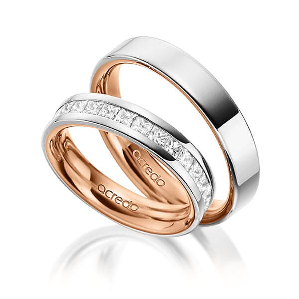 Paar bicolor Memoire-Trauringe/Eheringe in aussen Platin 950 , innen Rotgold 750 halbausgefasst mit zus. 0,98 ct. Prinzess-Diamant tw, si von acredo