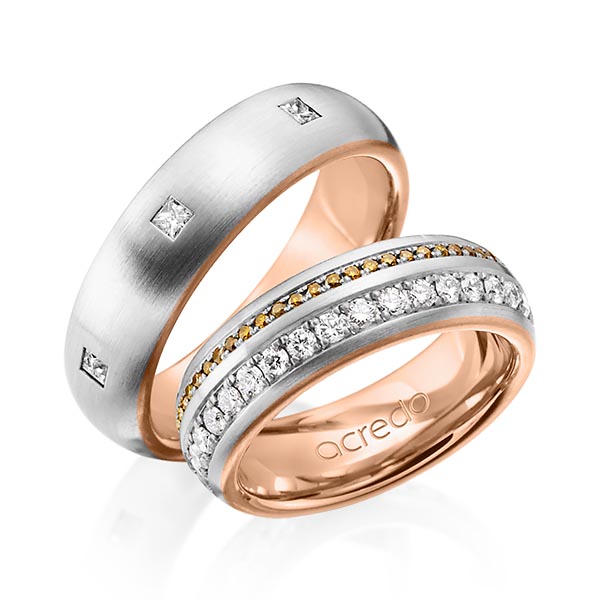 Paar bicolor Memoire-Trauringe/Eheringe in außen Platin 950 , innen Rotgold 750 vollausgefasst mit zus. 1,52 ct. Brillant & Prinzess-Diamant r, if cognac von acredo