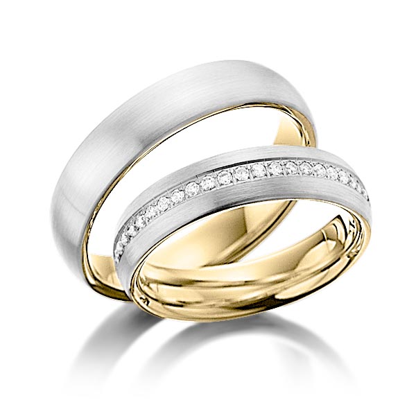 Paar bicolor Memoire-Trauringe/Eheringe in außen Weißgold 585 , innen Gelbgold 585 halbausgefasst mit zus. 0,23 ct. Brillant tw, si von Steinberg