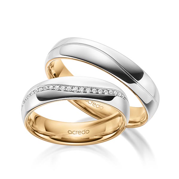 Paar bicolor Memoire-Trauringe/Eheringe in außen Weißgold 585 , innen Roségold 585 halbausgefasst mit zus. 0,135 ct. Brillant tw, si von acredo - A-1700-10