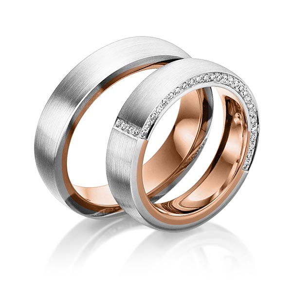 Paar bicolor Memoire-Trauringe/Eheringe in außen Weißgold 585 , innen Rotgold 585 halbausgefasst mit zus. 0,3 ct. Brillant tw, si von Steinberg