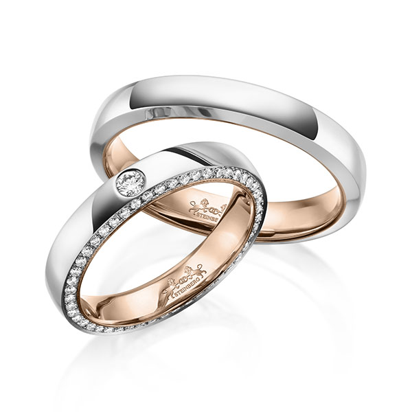 Paar bicolor Memoire-Trauringe/Eheringe in aussen Weissgold 585 , innen Rotgold 585 vollausgefasst mit zus. 0,34 ct. Brillant tw, si von Steinberg