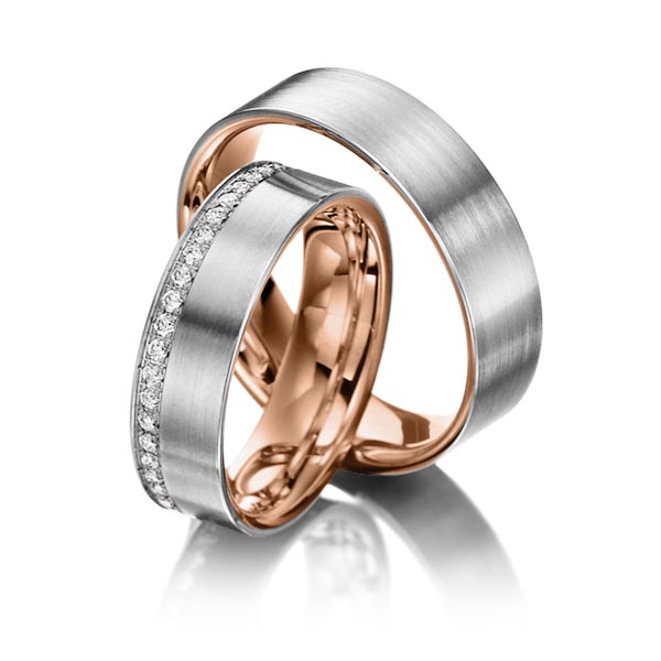 Paar bicolor Memoire-Trauringe/Eheringe in aussen Weissgold 585 , innen Rotgold 585 vollausgefasst mit zus. 0,46 ct. Brillant tw, si von Steinberg
