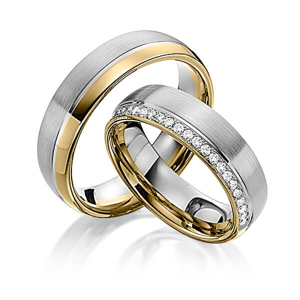 Paar bicolor Memoire-Trauringe/Eheringe in Gelbgold 585 Graugold 585 halbausgefasst mit zus. 0,21 ct. Brillant tw, si von Steinberg
