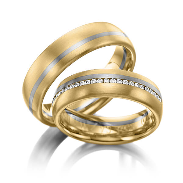 Paar bicolor Memoire-Trauringe/Eheringe in Gelbgold 585 Graugold 585 vollausgefasst mit zus. 0,384 ct. Brillant tw, si von 123GOLD
