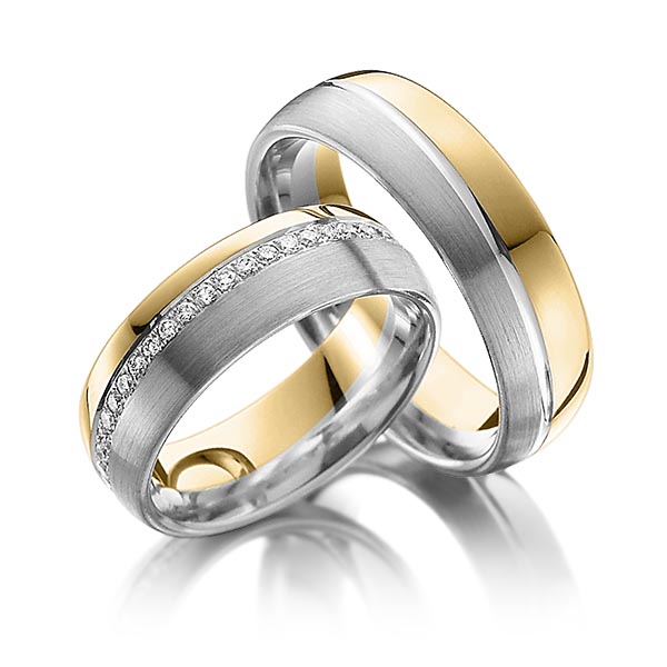 Paar bicolor Memoire-Trauringe/Eheringe in Gelbgold 585 Graugold 585 vollausgefasst mit zus. 0,43 ct. Brillant tw, si von Steinberg
