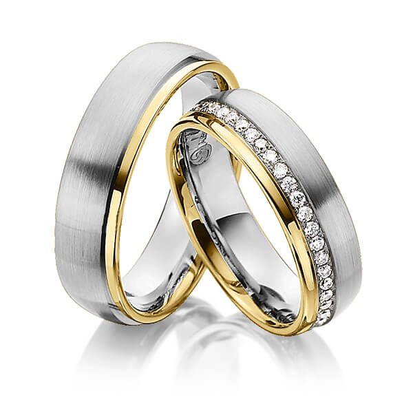 Paar bicolor Memoire-Trauringe/Eheringe in Gelbgold 585 Graugold 585 vollausgefasst mit zus. 0,47 ct. Brillant tw, si von Steinberg