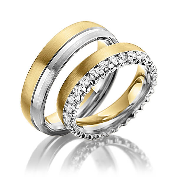 Paar bicolor Memoire-Trauringe/Eheringe in Gelbgold 585 Graugold 585 vollausgefasst mit zus. 1,3 ct. Brillant tw, si von Steinberg