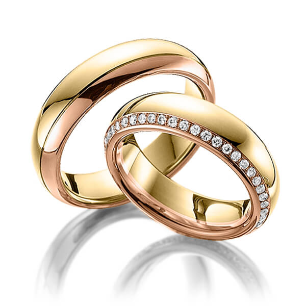 Paar bicolor Memoire-Trauringe/Eheringe in Gelbgold 585 Rotgold 585 vollausgefasst mit zus. 0,47 ct. Brillant tw, si von Steinberg - Q-1264-11 Paar bicolor Memoire-Trauringe/Eheringe in Gelbgold 585 Rotgold 585 vollausgefasst mit zus. 0,47 ct. Brillant tw, si von Steinberg - Q-1264-11