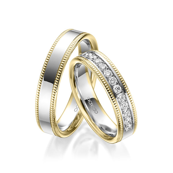 Paar bicolor Memoire-Trauringe/Eheringe in Gelbgold 585 Weissgold 585 halbausgefasst mit zus. 0,45 ct. Brillant tw, si von acredo