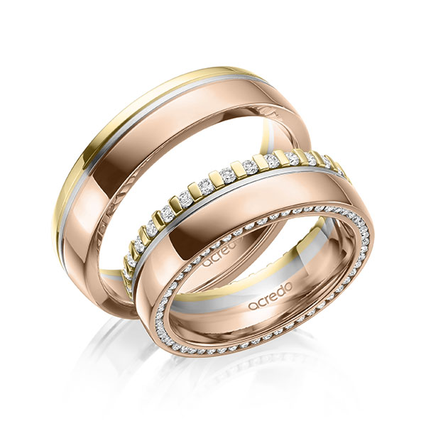 Paar bicolor Memoire-Trauringe/Eheringe in Gelbgold 585 Weißgold 585 Rotgold 585 vollausgefasst mit zus. 0,75 ct. Brillant tw, si von acredo