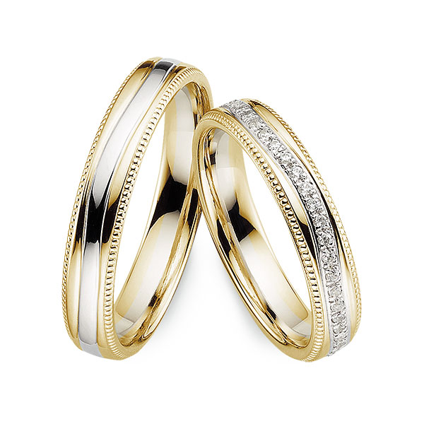 Paar bicolor Memoire-Trauringe/Eheringe in Gelbgold 585 Weissgold 585 vollausgefasst mit zus. 0,27 ct. Brillant tw, si von Merii