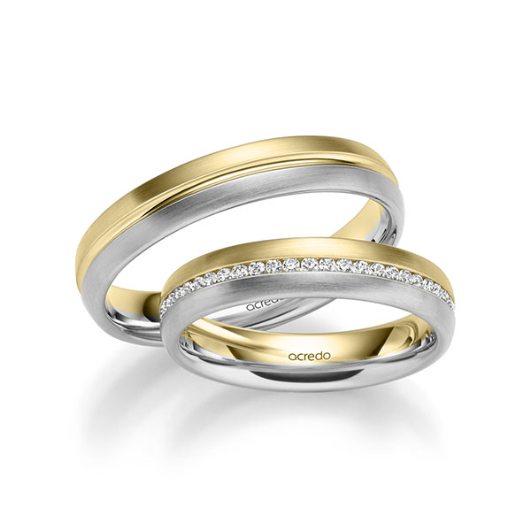Paar bicolor Memoire-Trauringe/Eheringe in Gelbgold 585 Weißgold 585 vollausgefasst mit zus. 0,392 ct. Brillant tw, si von acredo - A-1031-17 Paar bicolor Memoire-Trauringe/Eheringe in Gelbgold 585 Weißgold 585 vollausgefasst mit zus. 0,392 ct. Brillant tw, si von acredo - A-1031-17
