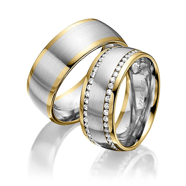 Paar bicolor Memoire-Trauringe/Eheringe in Gelbgold 585 Weißgold 585 vollausgefasst mit zus. 0,94 ct. Brillant tw, si von Steinberg - Q-1229-7 Paar bicolor Memoire-Trauringe/Eheringe in Gelbgold 585 Weißgold 585 vollausgefasst mit zus. 0,94 ct. Brillant tw, si von Steinberg - Q-1229-7