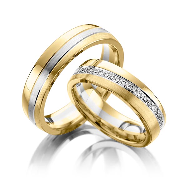 Paar bicolor Memoire-Trauringe/Eheringe in Gelbgold 750 Weißgold 750 vollausgefasst mit zus. 0,74 ct. Brillant tw, si von Steinberg - Q-1096-1