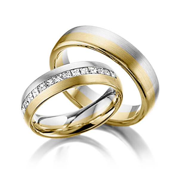 Paar bicolor Memoire-Trauringe/Eheringe in Graugold 585 Gelbgold 585 halbausgefasst mit zus. 0,68 ct. Prinzess-Diamant tw, si von 123GOLD
