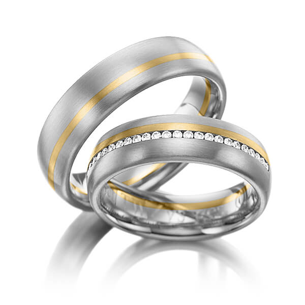 Paar bicolor Memoire-Trauringe/Eheringe in Graugold 585 Gelbgold 585 vollausgefasst mit zus. 0,384 ct. Brillant tw, si von 123GOLD