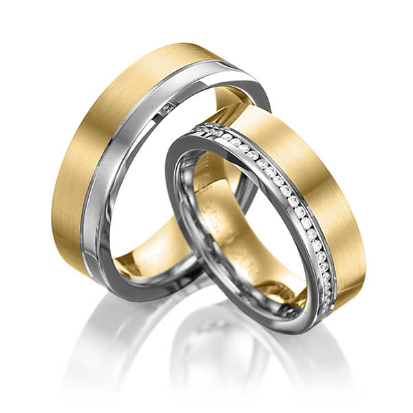 Paar bicolor Memoire-Trauringe/Eheringe in Graugold 585 Gelbgold 585 vollausgefasst mit zus. 0,384 ct. Brillant tw, si von 123GOLD