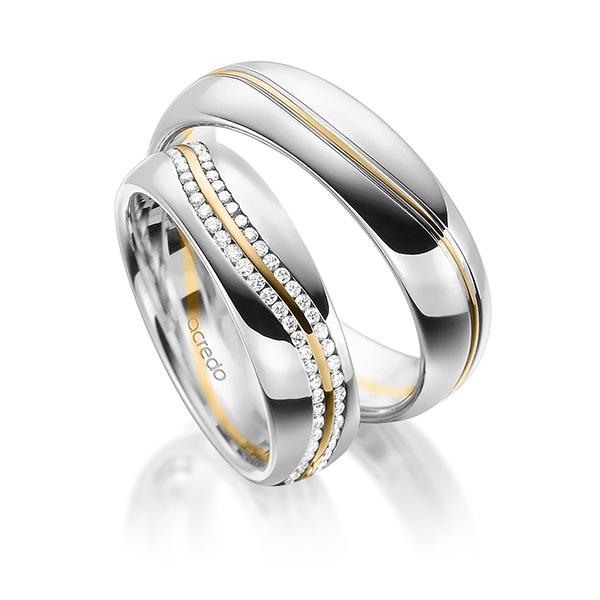 Paar bicolor Memoire-Trauringe/Eheringe in Graugold 585 Gelbgold 585 vollausgefasst mit zus. 0,6 ct. Brillant tw, si von acredo Paar bicolor Memoire-Trauringe/Eheringe in Graugold 585 Gelbgold 585 vollausgefasst mit zus. 0,6 ct. Brillant tw, si von acredo