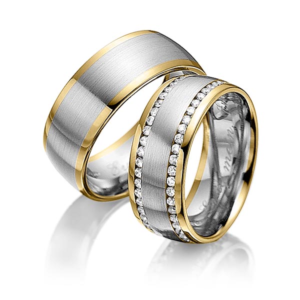Paar bicolor Memoire-Trauringe/Eheringe in Graugold 585 Gelbgold 585 vollausgefasst mit zus. 0,9 ct. Brillant tw, si von 123GOLD - Y-1224-11 Paar bicolor Memoire-Trauringe/Eheringe in Graugold 585 Gelbgold 585 vollausgefasst mit zus. 0,9 ct. Brillant tw, si von 123GOLD - Y-1224-11