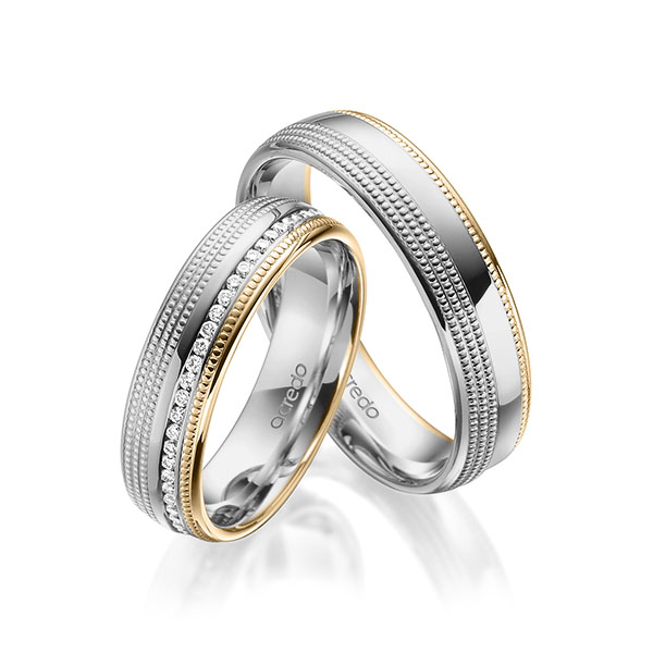 Paar bicolor Memoire-Trauringe/Eheringe in Graugold 585 Roségold 585 vollausgefasst mit zus. 0,285 ct. Brillant tw, si von acredo