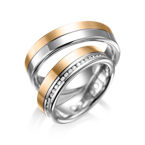 Paar bicolor Memoire-Trauringe/Eheringe in Graugold 585 Roségold 585 vollausgefasst mit zus. 0,46 ct. Brillant tw, si von acredo