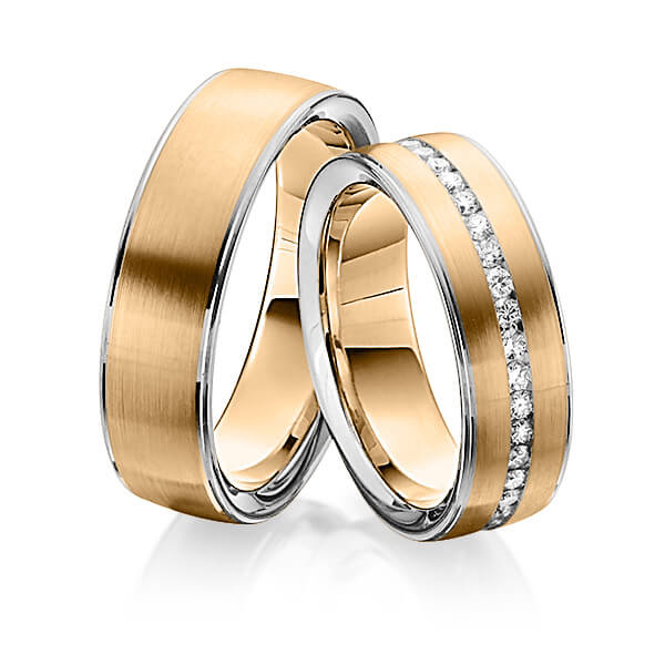 Paar bicolor Memoire-Trauringe/Eheringe in Graugold 585 Roségold 585 vollausgefasst mit zus. 0,74 ct. Brillant tw, si von Steinberg
