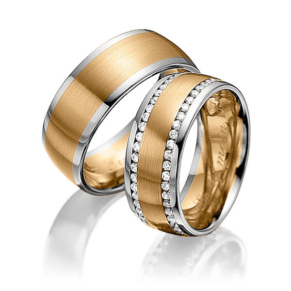 Paar bicolor Memoire-Trauringe/Eheringe in Graugold 585 Roségold 585 vollausgefasst mit zus. 0,94 ct. Brillant tw, si von Steinberg - Q-1229-13 Paar bicolor Memoire-Trauringe/Eheringe in Graugold 585 Roségold 585 vollausgefasst mit zus. 0,94 ct. Brillant tw, si von Steinberg - Q-1229-13