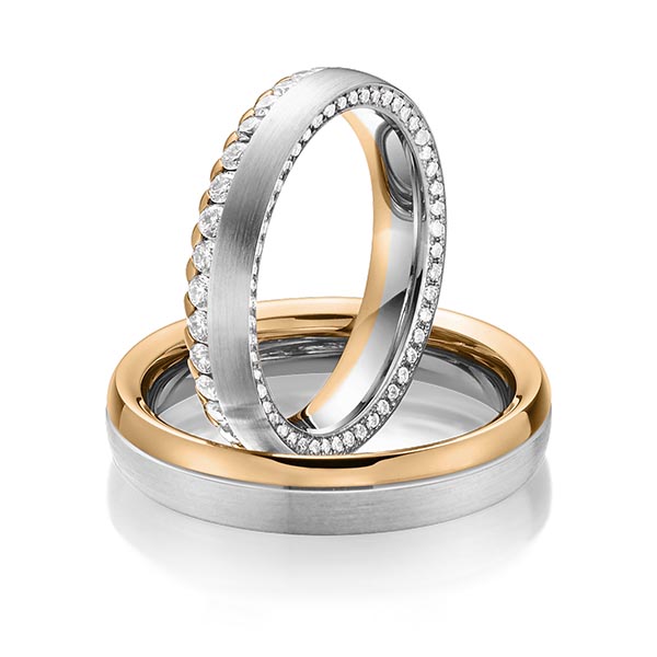 Paar bicolor Memoire-Trauringe/Eheringe in Graugold 585 Roségold 585 vollausgefasst mit zus. 1,11 ct. Brillant tw, si von Steinberg