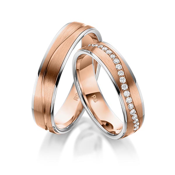 Paar bicolor Memoire-Trauringe/Eheringe in Graugold 585 Rotgold 585 halbausgefasst mit zus. 0,22 ct. Brillant tw, si von acredo