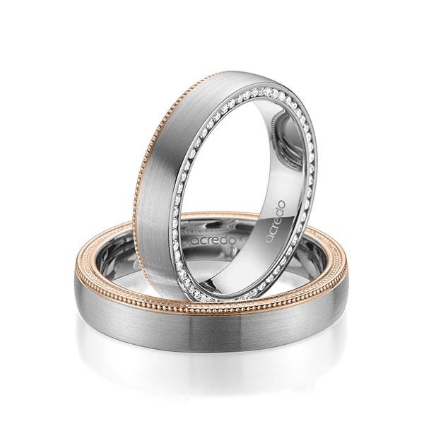 Paar bicolor Memoire-Trauringe/Eheringe in Graugold 585 Rotgold 585 vollausgefasst mit zus. 0,275 ct. Brillant tw, si von acredo Paar bicolor Memoire-Trauringe/Eheringe in Graugold 585 Rotgold 585 vollausgefasst mit zus. 0,275 ct. Brillant tw, si von acredo